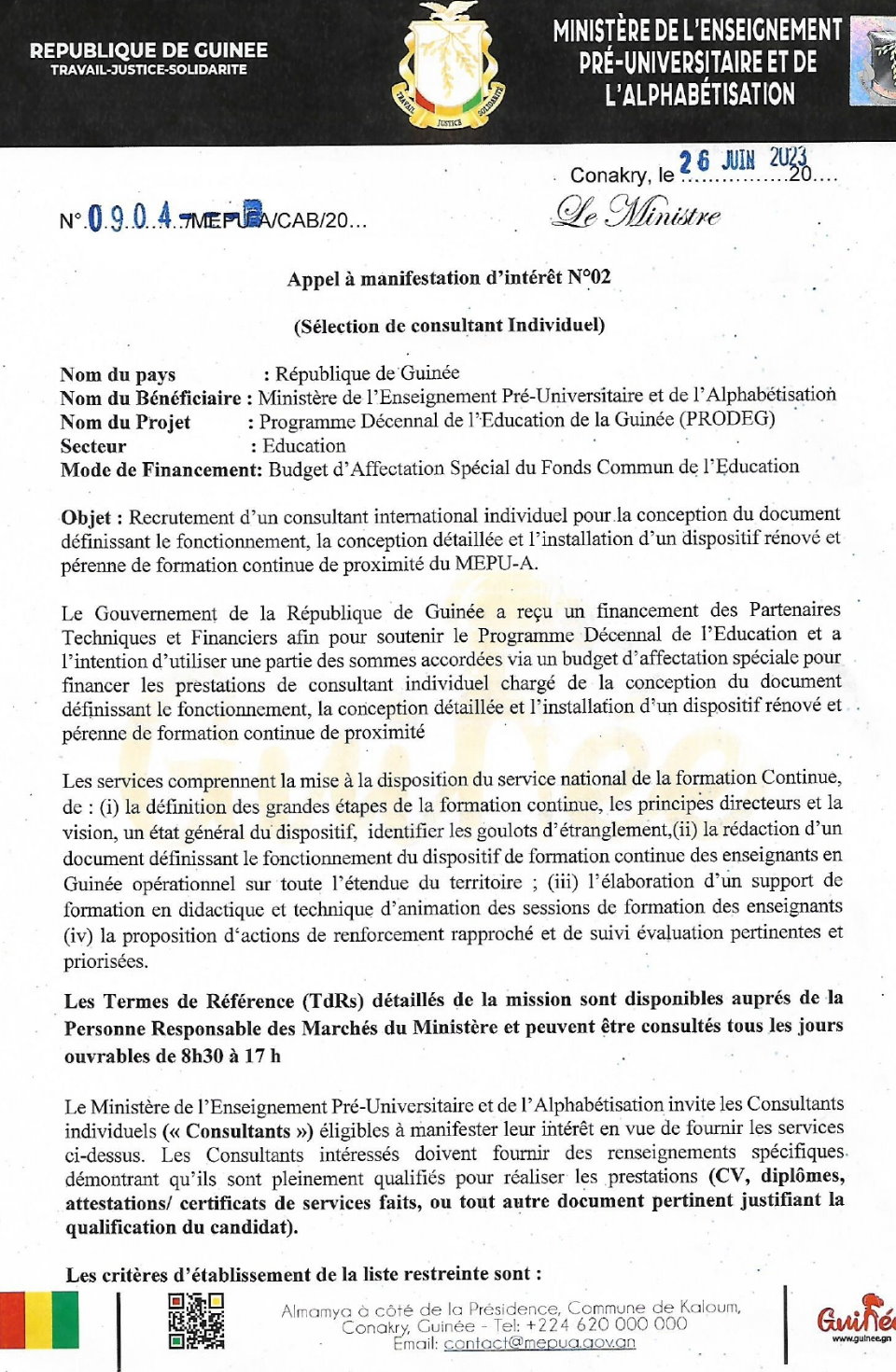 Appel à Manifestation d'Intérêt (AMI) pour le Recrutement d’un consultant international individuel pour la conception du document définissant le fonctionnement, la conception détaillée et l’installation d’un dispositif rénové et pérenne de formation continue de proximité du MEPU-A | Page 1