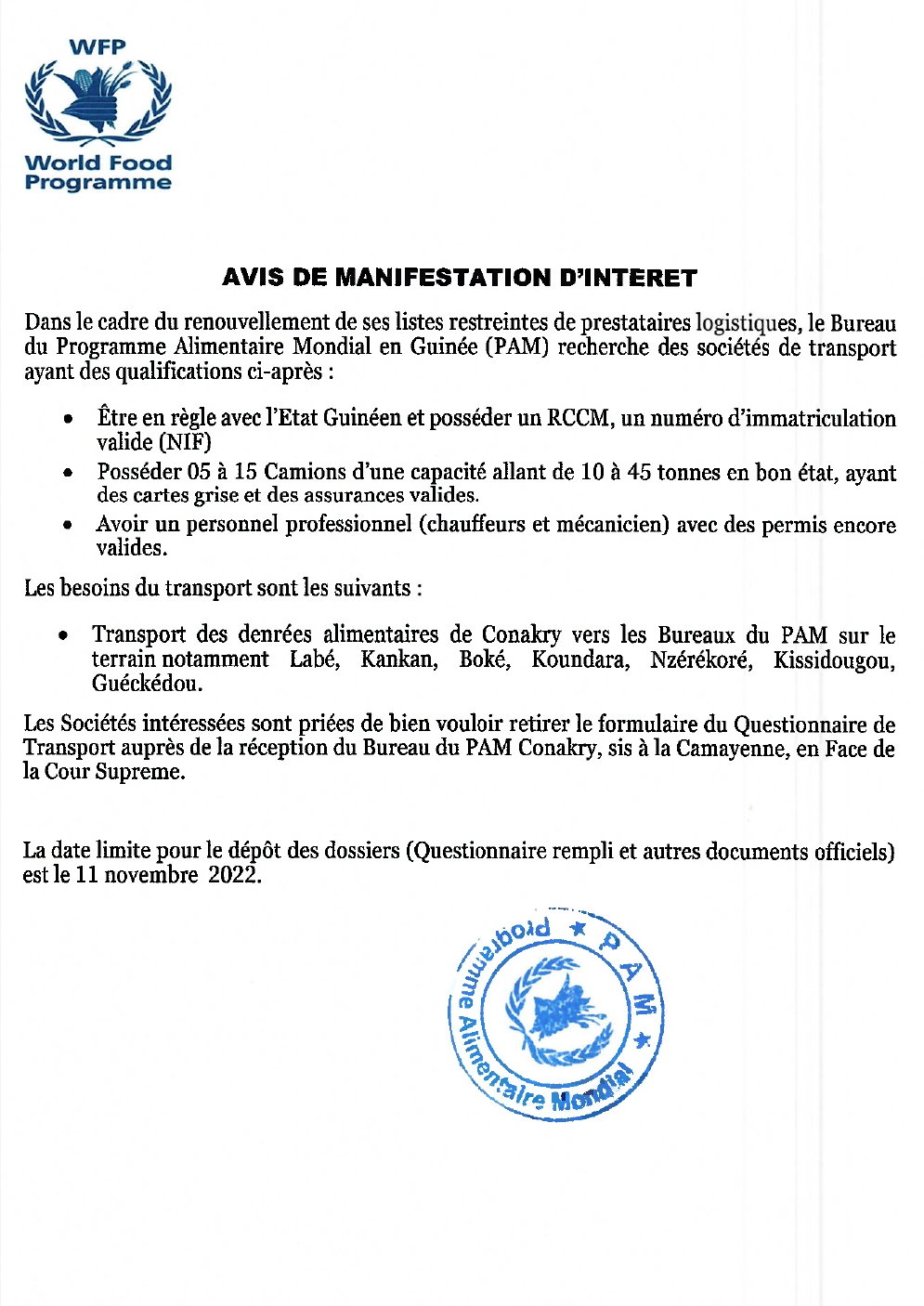 Avis de recrutement de sociétés de transport