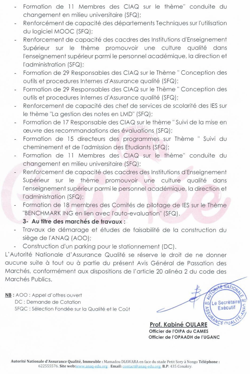 AVIS GENERAL DE PASSATION DES MARCHES PUBLICS : AUTORITE NATIONALE D'ASSURANCE QUALITE DANS L'ENSEIGNEMENT, LA FORMATION ET LA RECHERCHE (ANAQ) | Page 4