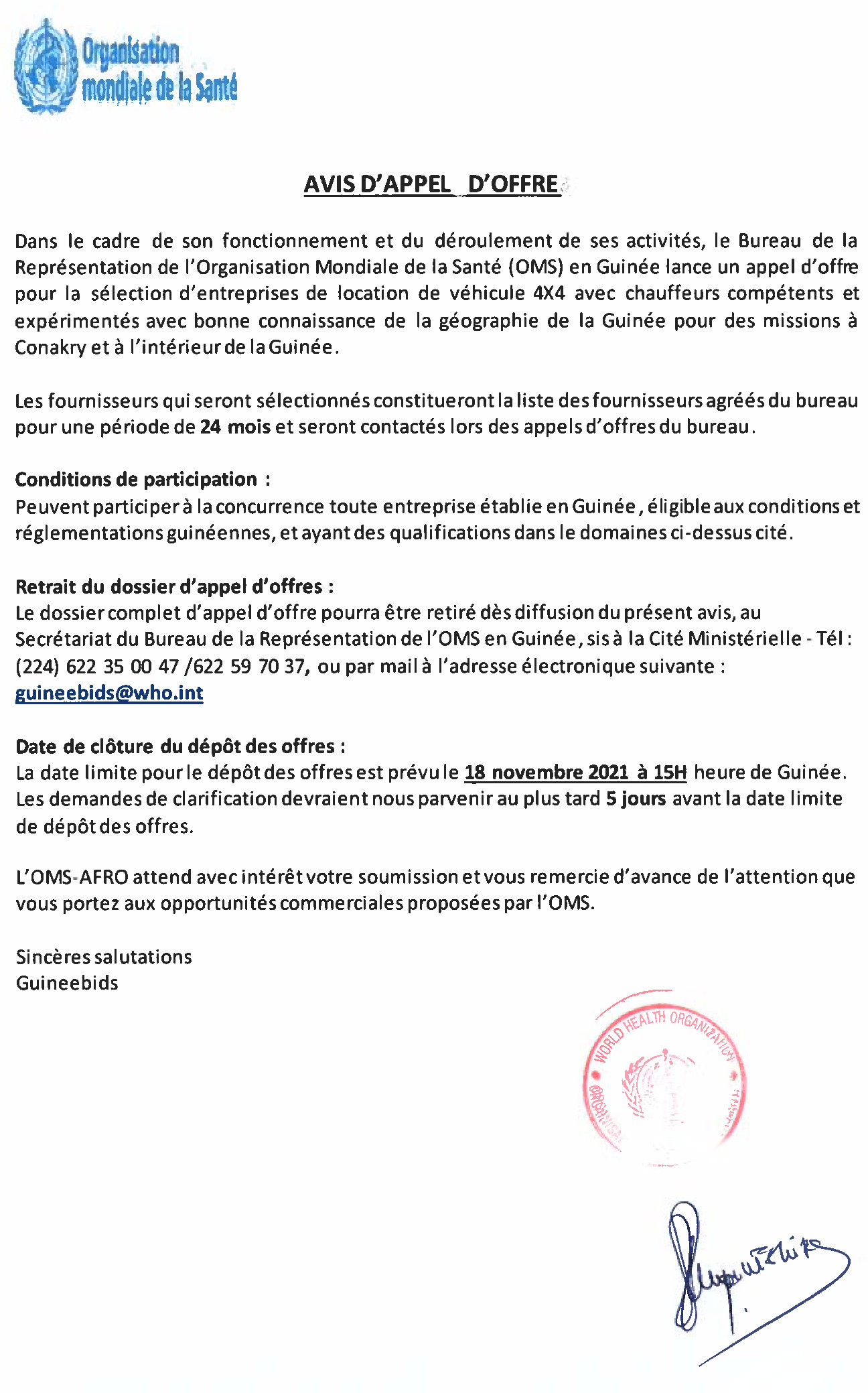 Avis d'appel d'offres pour la sélection d'entreprises de location de véhicules 4x4 avec chauffeurs compétents et expérimentés avec bonne connaissance de la géographie de la Guinée