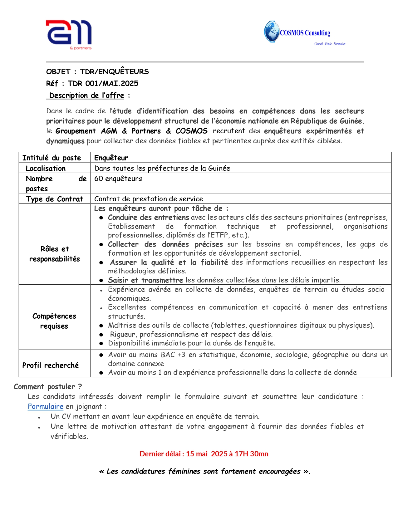 Avis de recrutement de 60 Enquêteurs