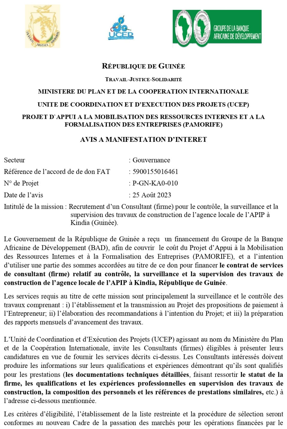 Avis à manifestation d’intérêt pour le Recrutement d’un Consultant (firme) pour le contrôle, la surveillance et la supervision des travaux de construction de l’agence locale de l’APIP à Kindia (Guinée) | page 1