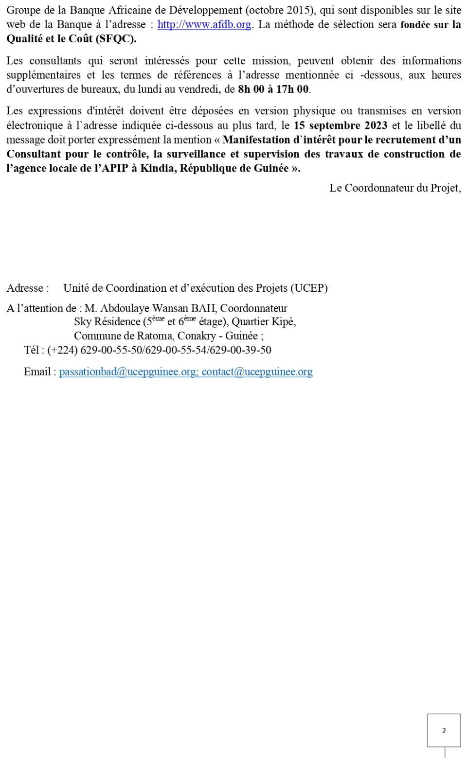 Avis à manifestation d’intérêt pour le Recrutement d’un Consultant (firme) pour le contrôle, la surveillance et la supervision des travaux de construction de l’agence locale de l’APIP à Kindia (Guinée) | page 2