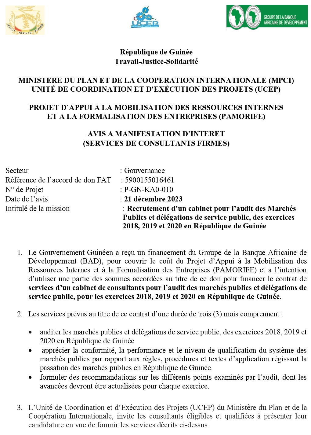 AVIS A MANIFESTATION D’INTERET pour le Recrutement d’un cabinet pour l’audit des Marchés Publics et délégations de service public, des exercices 2018, 2019 et 2020 en République de Guinée | Page 1