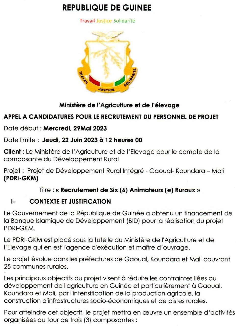 Avis de Recrutement de Six (6) Animateurs (e) Ruraux | page 1