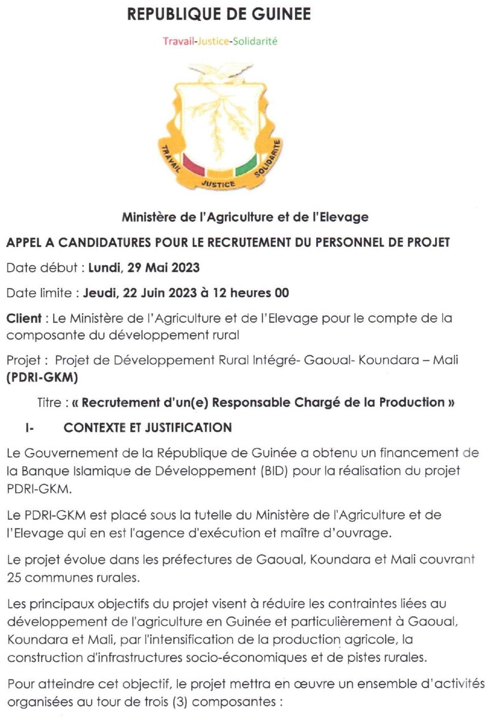 Avis de Recrutement d'un(e) Responsable Chargé de la Production | page 1