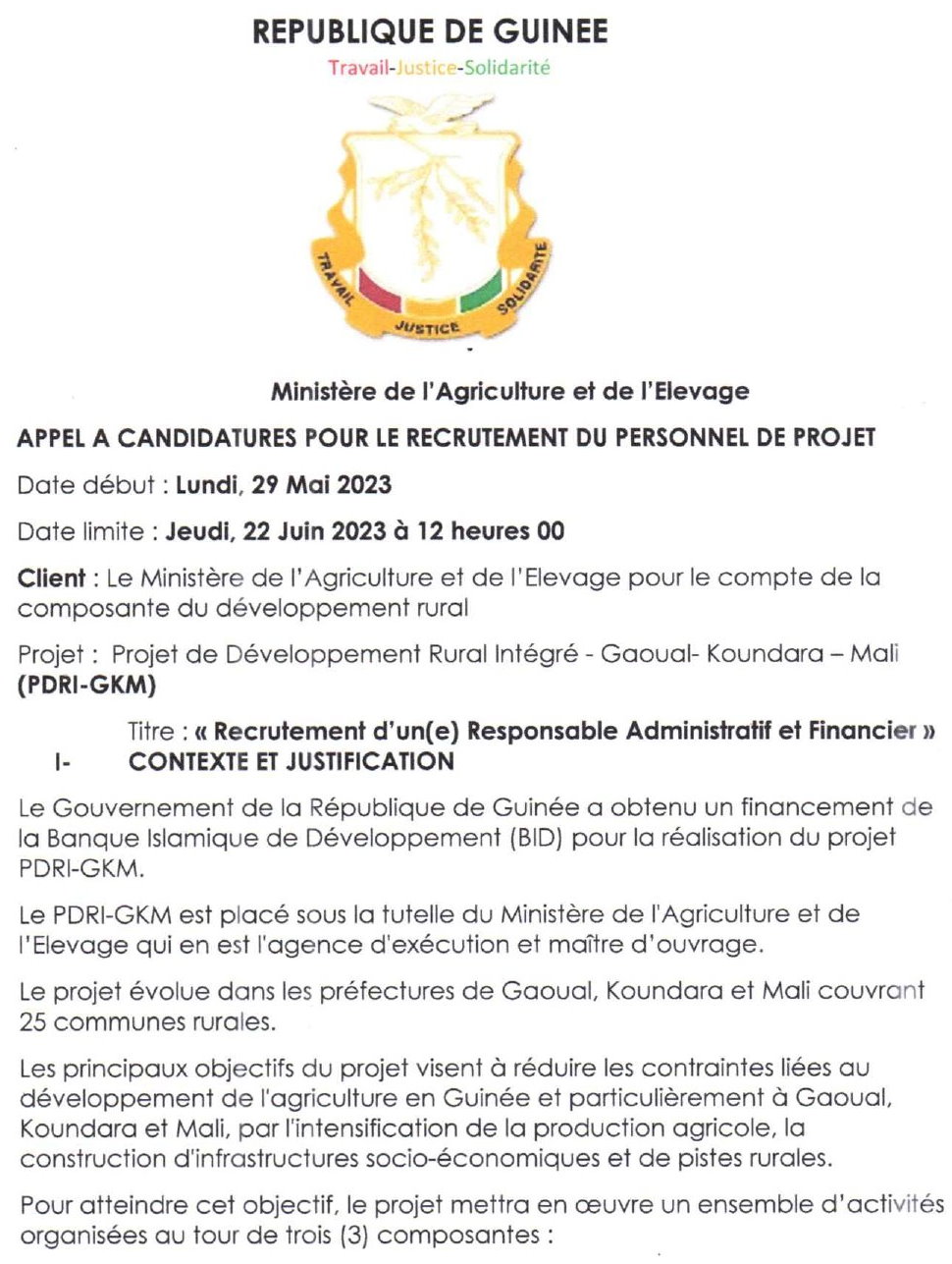 Avis de Recrutement d'un(e) Responsable Administratif et Financier | page 1