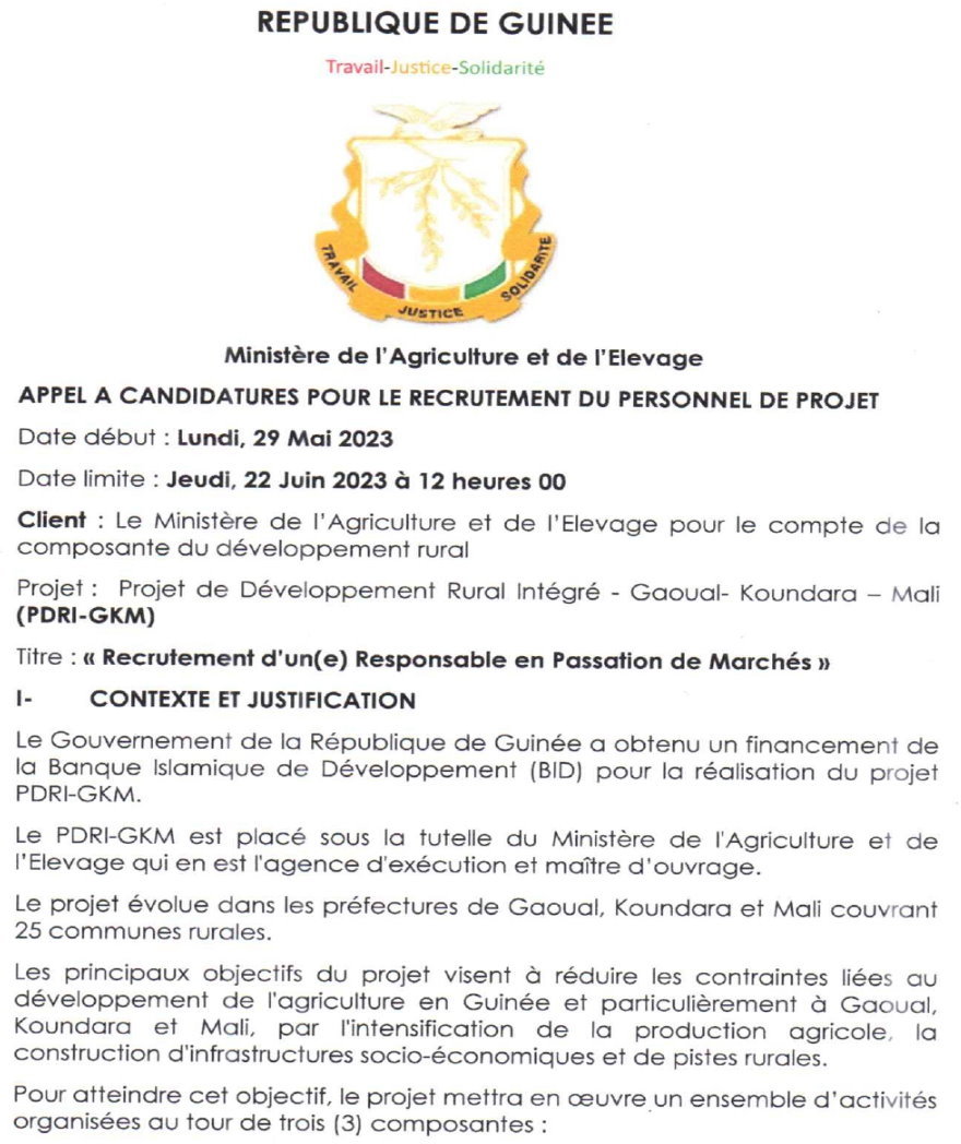 Avis de Recrutement d'un(e) Responsable en Passation de Marchés | Page 1