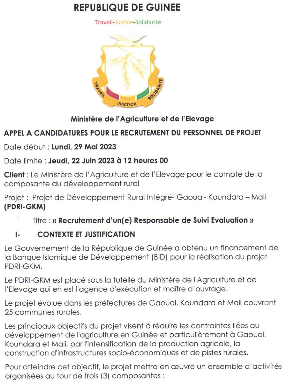 Avis de Recrutement d'un(e) Responsable de Suivi Evaluation | Page 1
