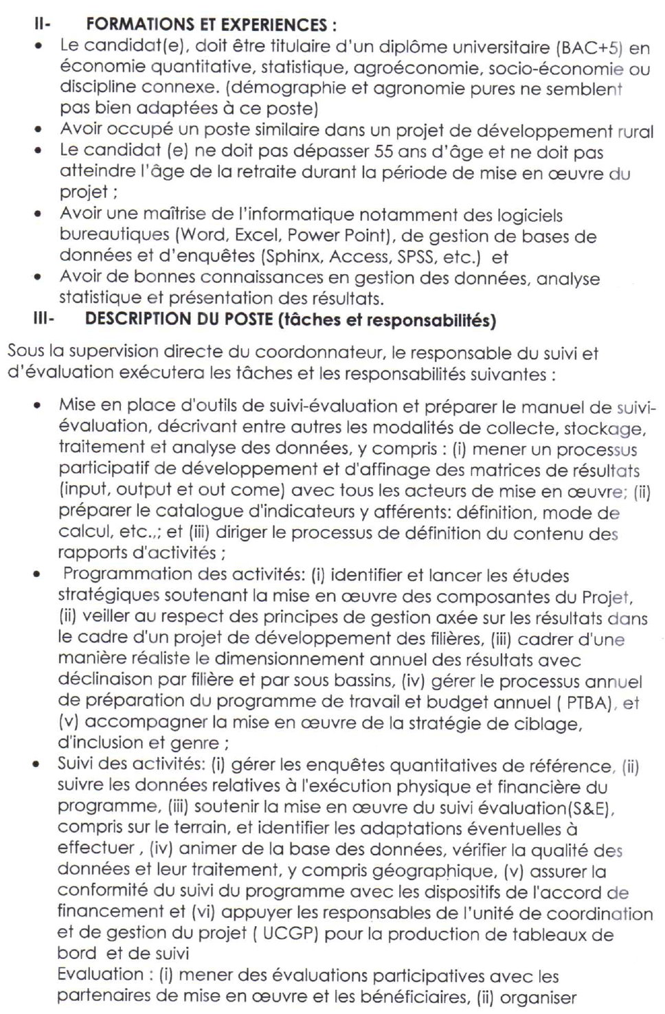 Avis de Recrutement d'un(e) Responsable de Suivi Evaluation | Page 3