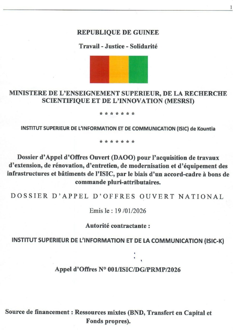  Travaux d’extension, de rénovation, d’entretien, de modernisation et d’équipement des infrastructures et bâtiments de l’ISIC | Page 1