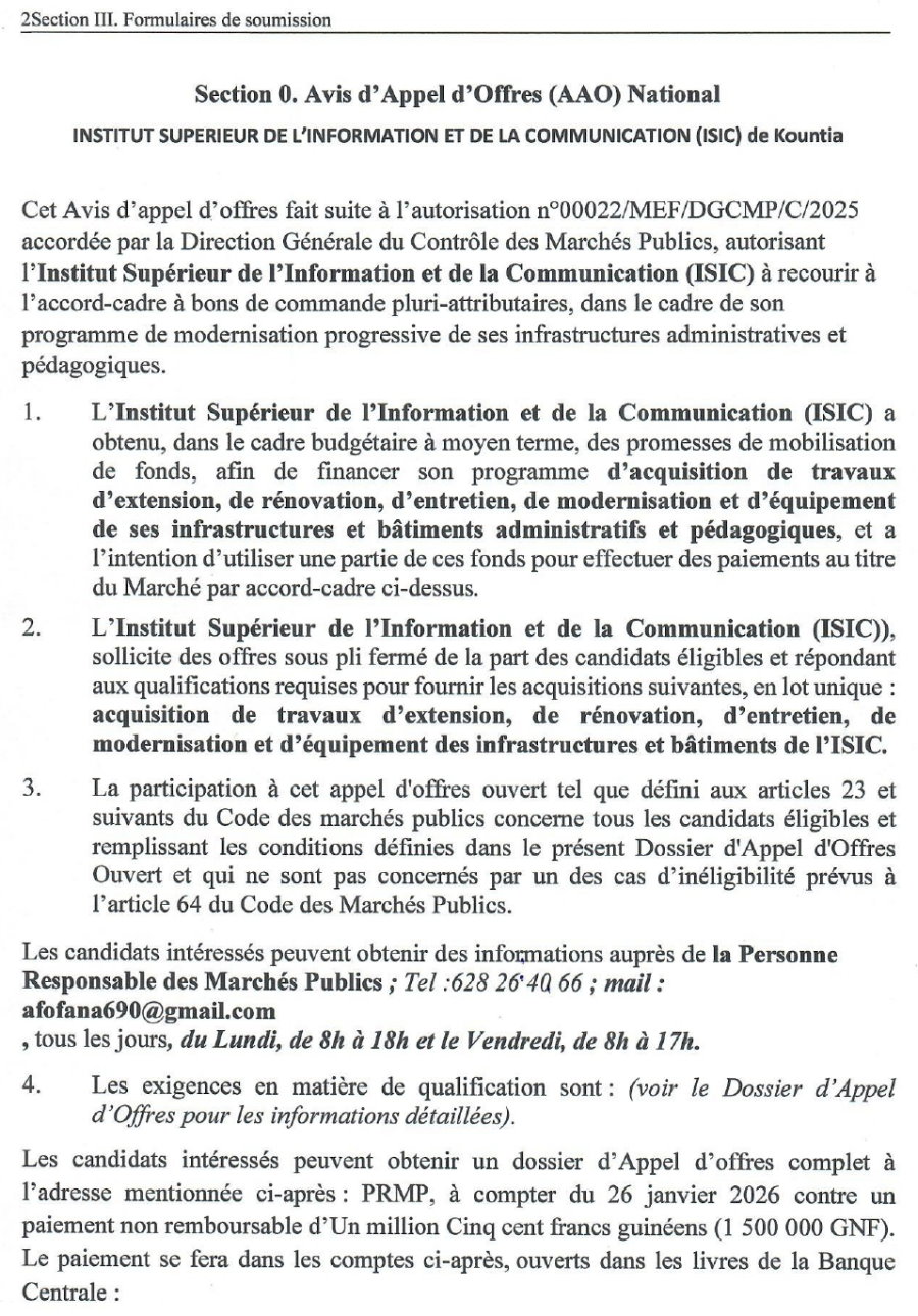  Travaux d’extension, de rénovation, d’entretien, de modernisation et d’équipement des infrastructures et bâtiments de l’ISIC | Page 2