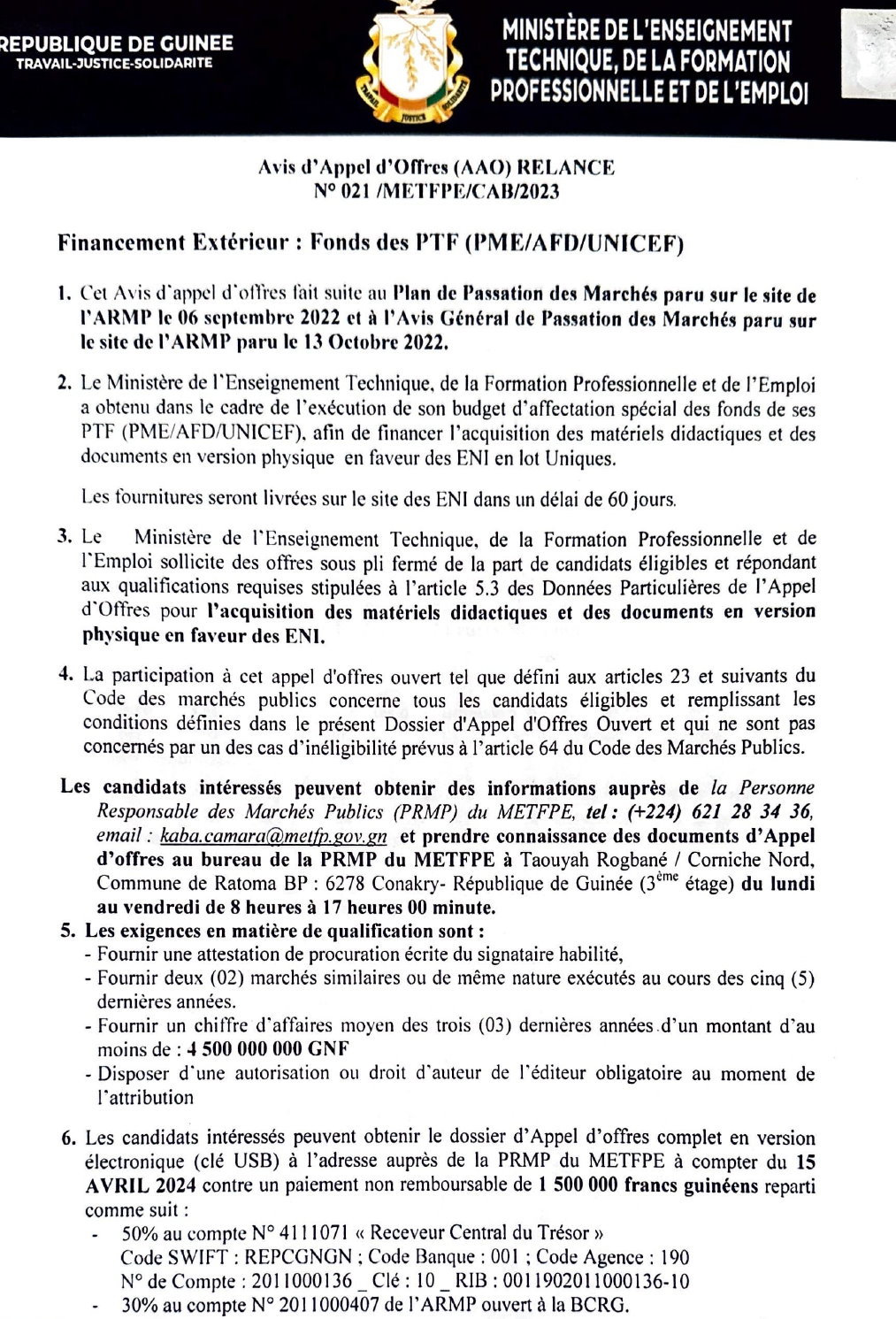 Avis d'appel d'offres pour l’acquisition des matériels didactiques et des documents en version physique en faveur des ENI | Page 1