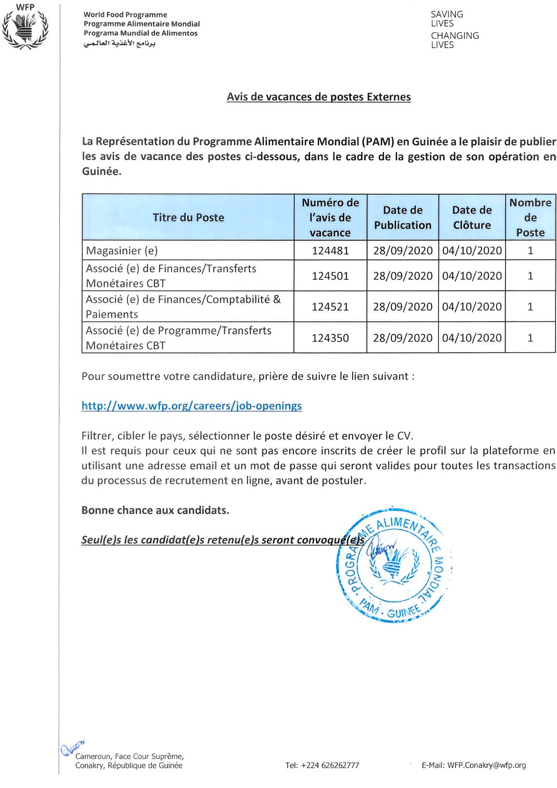 Le Programme Alimentaire Mondial en Guinée Recrute Plusieurs Associé(e)s de Finances et d'Un(e) Magasinier(e)