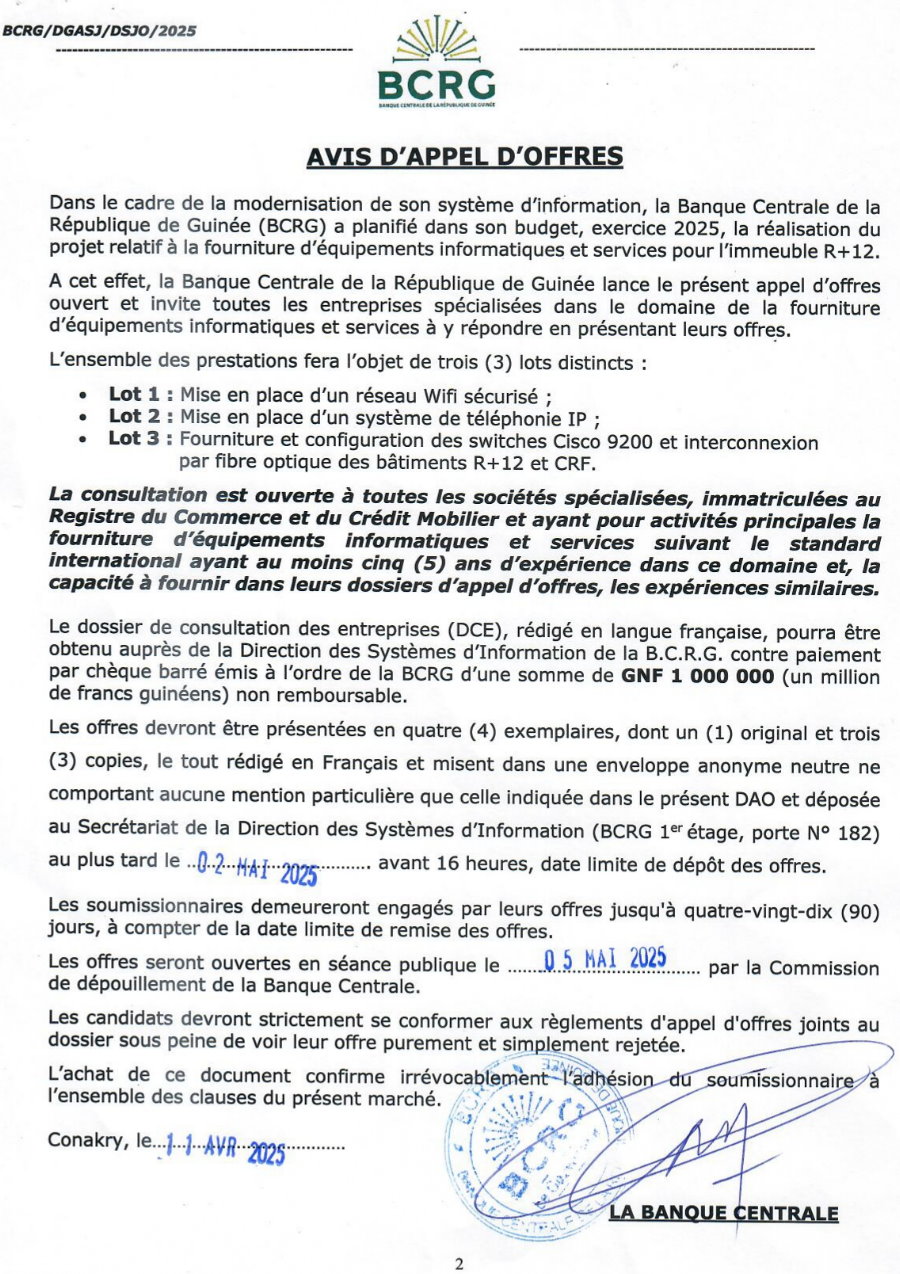 Avis d'appel d'offres pour la fourniture d'équipements informatiques et services pour l'immeuble R+12 | Page 1