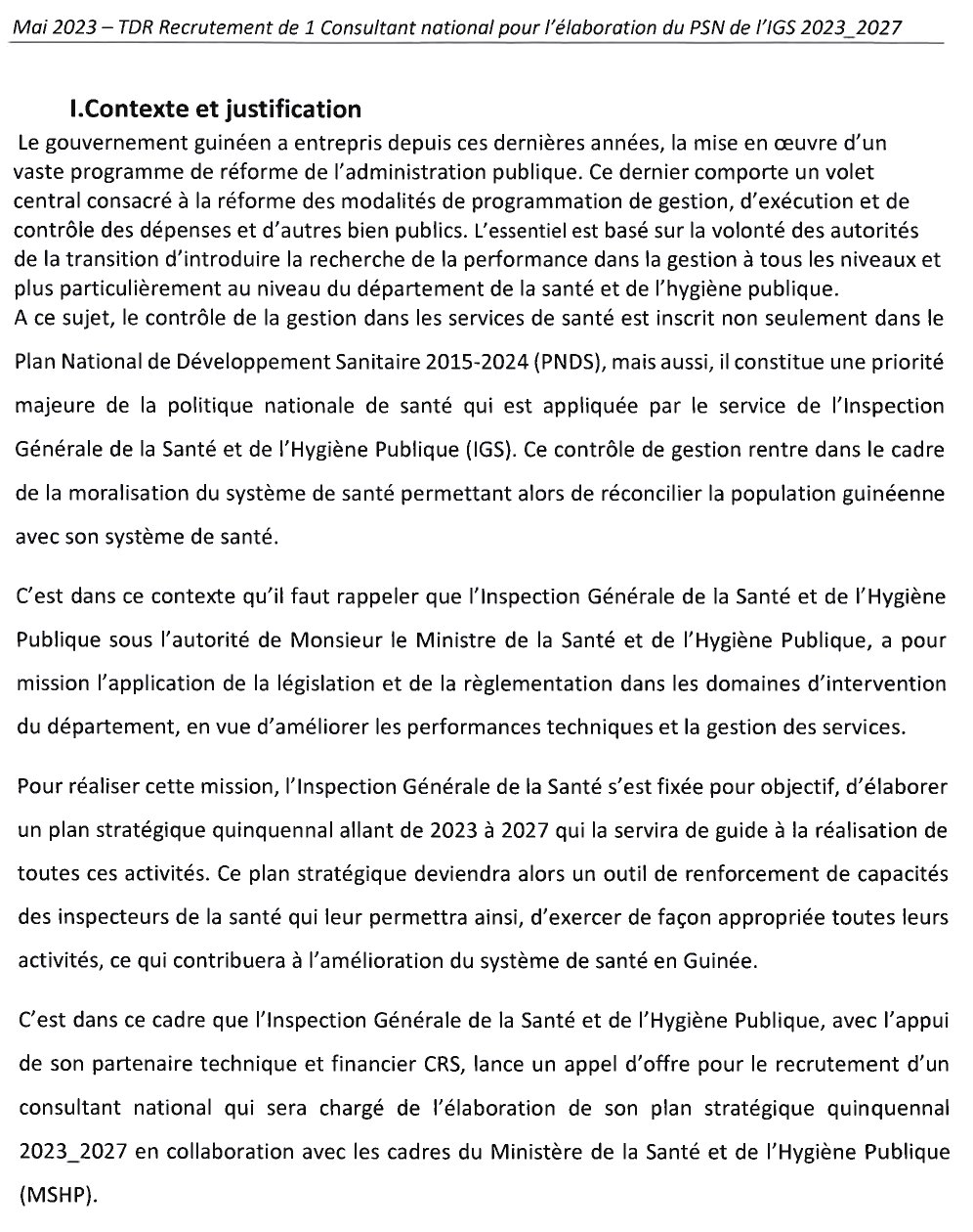 Avis de recrutement d'un (1) Consultant National pour l’élaboration du Plan stratégique quinquennal 2023-2027 de l'Inspection Générale de la Santé