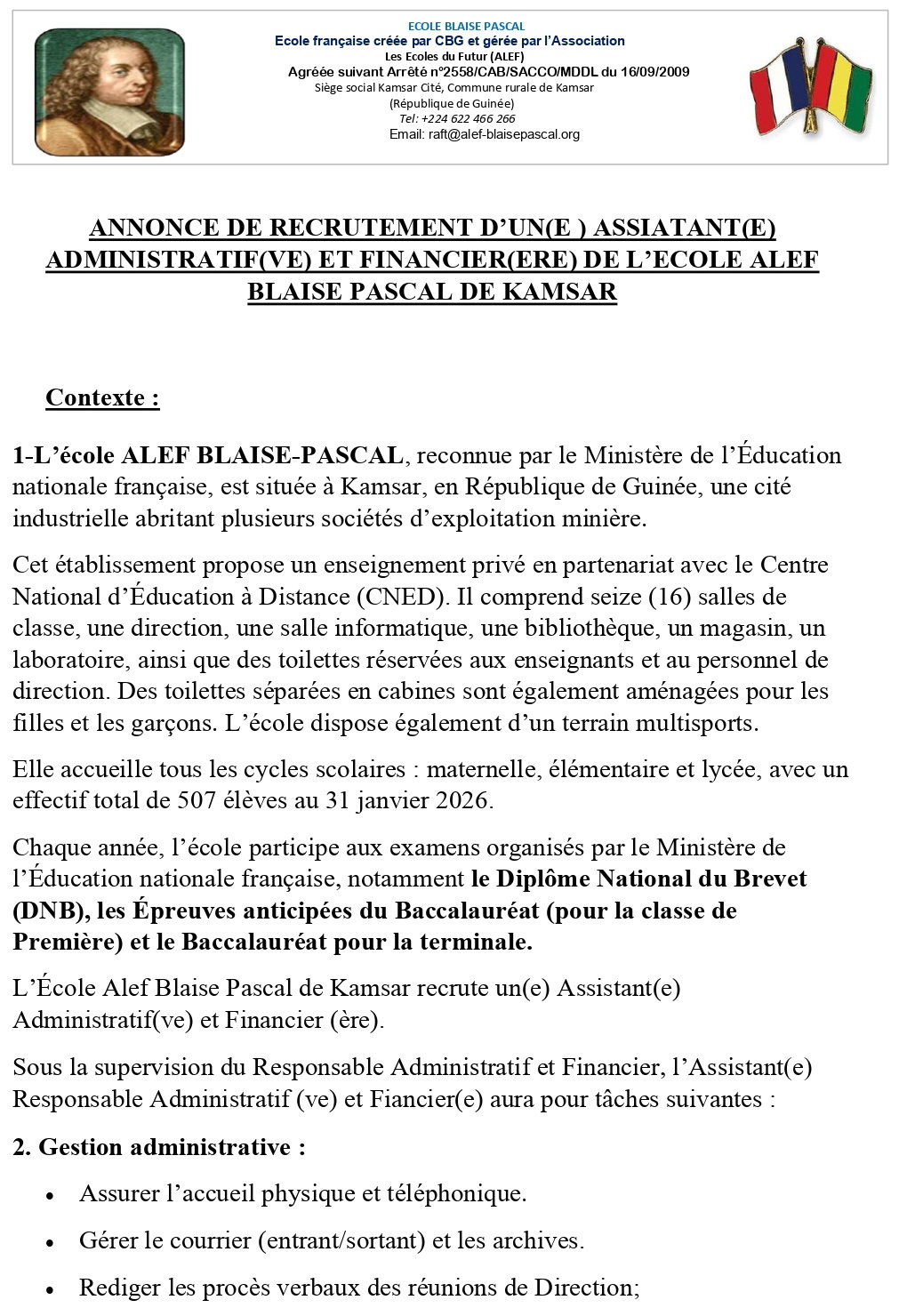 ANNONCE DE RECRUTEMENT D’UN(E ) ASSIATANT(E)  ADMINISTRATIF(VE) ET FINANCIER(ERE) DE L’ECOLE ALEF BLAISE PASCAL DE KAMSAR | Page 1