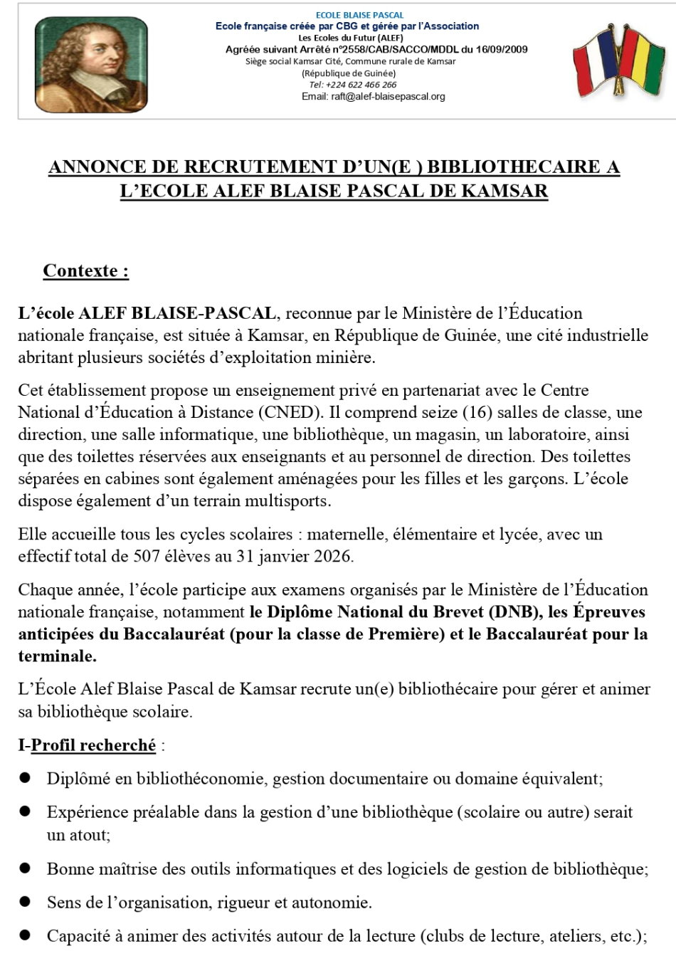 ANNONCE DE RECRUTEMENT D’UN(E ) BIBLIOTHECAIRE A L’ECOLE ALEF BLAISE PASCAL DE KAMSAR | Page 1