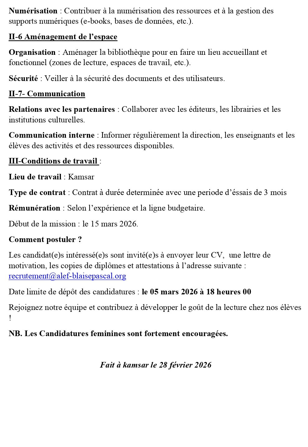 ANNONCE DE RECRUTEMENT D’UN(E ) BIBLIOTHECAIRE A L’ECOLE ALEF BLAISE PASCAL DE KAMSAR | Page 3