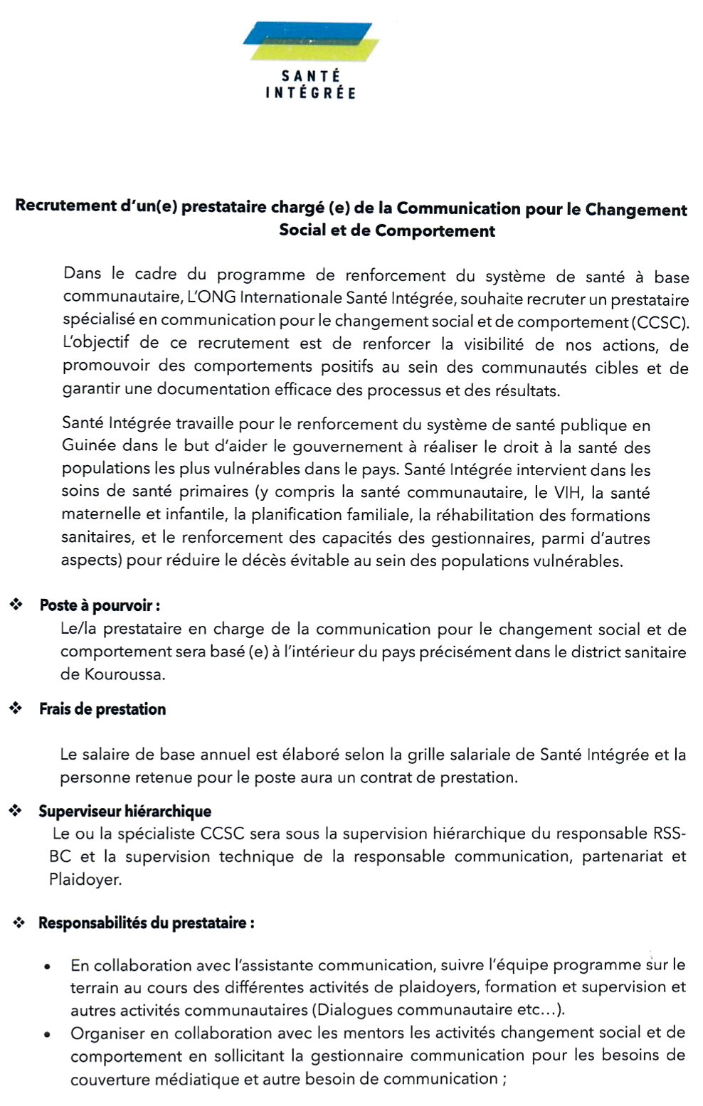 Recrutement d'un(e) prestataire chargé (e) de la Communication pour le Changement Social et de Comportement | Page 1