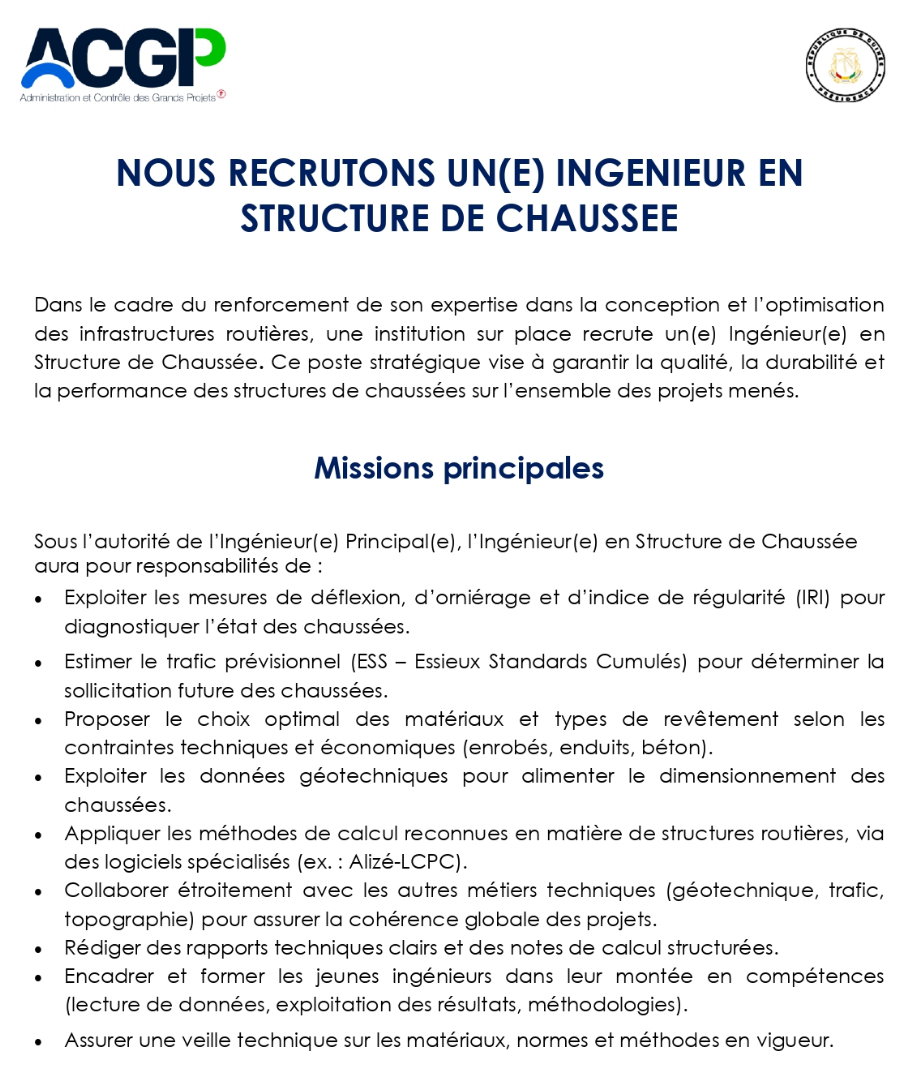 RECRUTEMENT D'UN(E) INGENIEUR EN STRUCTURE DE CHAUSSEE | Page 1