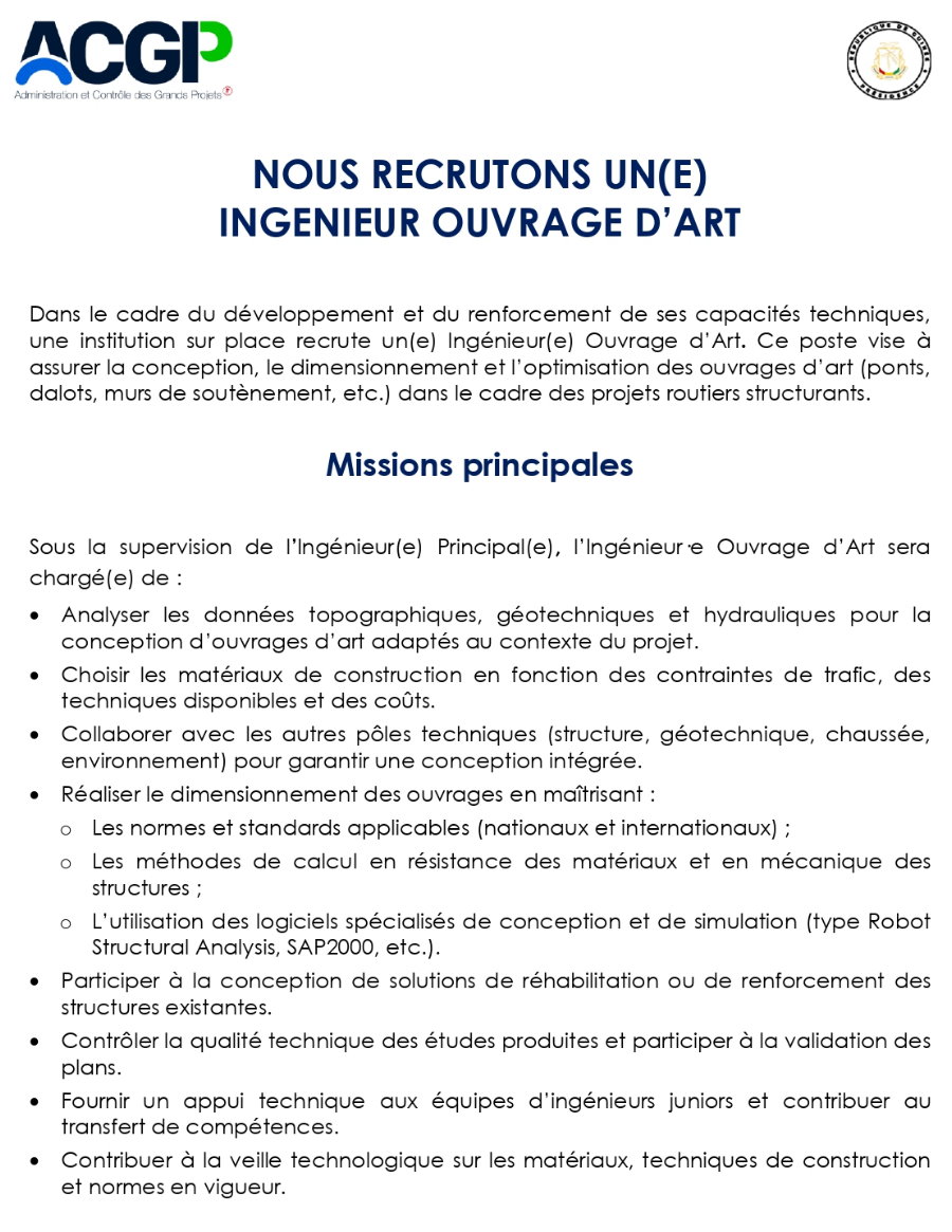 AVIS DE RECRUTEMENT D'UN(E) INGENIEUR OUVRAGE D’ART | Page 1