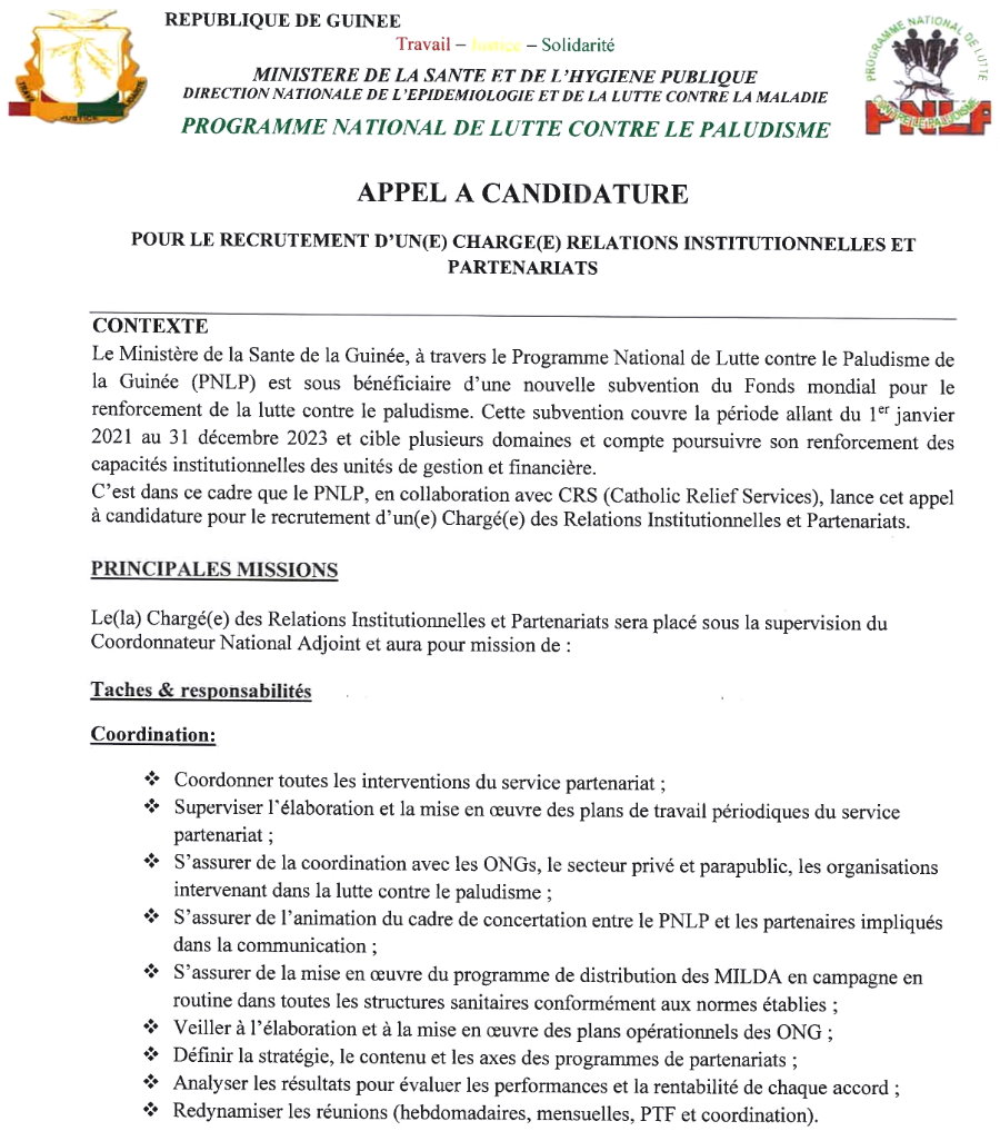 Recrutement de Chargé(e) des Relations Institutionnelles et Partenariat | page 1