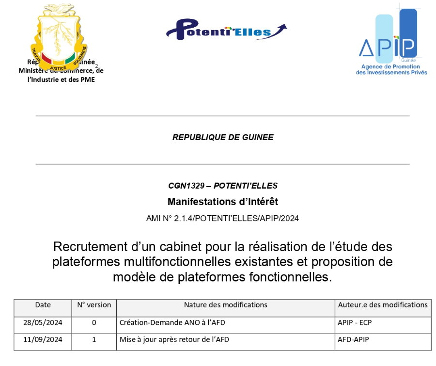 Avis d'appel d'offres pour le Recrutement d’un cabinet pour la réalisation de l’étude des plateformes multifonctionnelles existantes et proposition de modèle de plateformes fonctionnelles | page 1