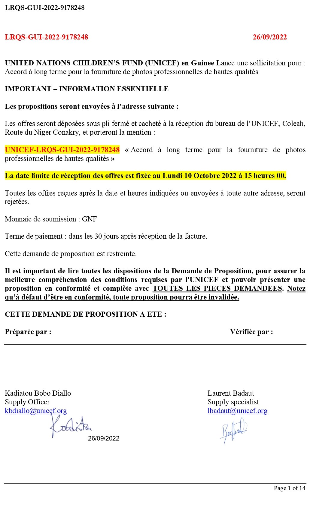 Accord à long terme pour la fourniture de photos professionnelles de hautes qualités 