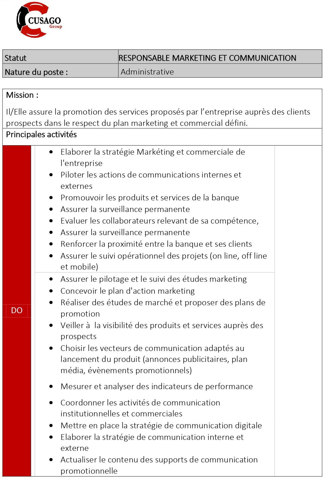 Avis De Recrutement D'un Responsable Marketing Et Communication | page 1