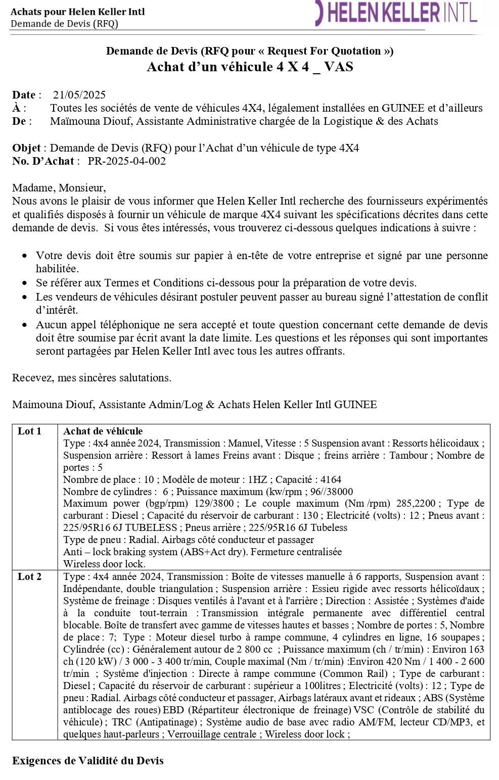 emande de Devis (RFQ) pour l’Achat d’un véhicule de type 4X4 | Page 1