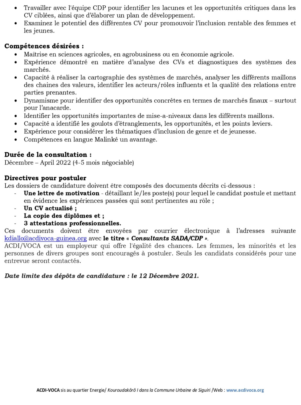 ACDI/VOCA – Avis de recrutement d’un Consultant – Spécialiste en Analyse des Chaines de Valeur et Systèmes de Marchés (SAC-V) p2