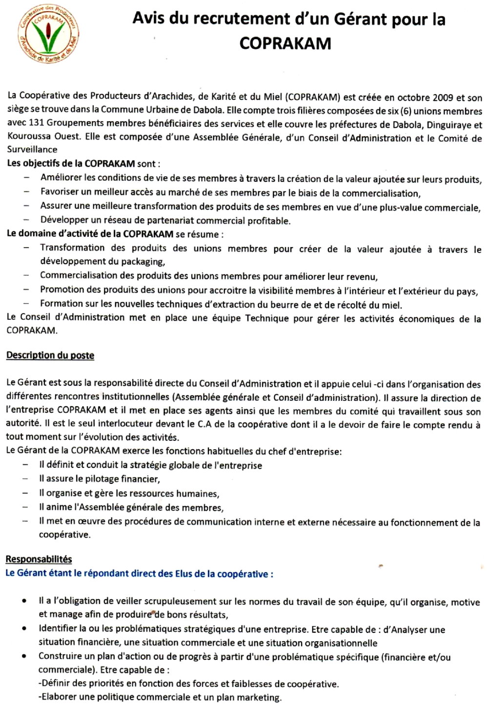 Avis du recrutement d'un Gérant pour la COPRAKAM | Page 1