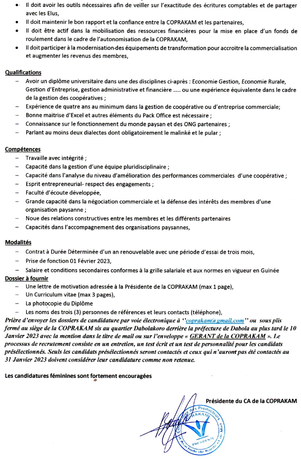 Avis du recrutement d'un Gérant pour la COPRAKAM | Page 2