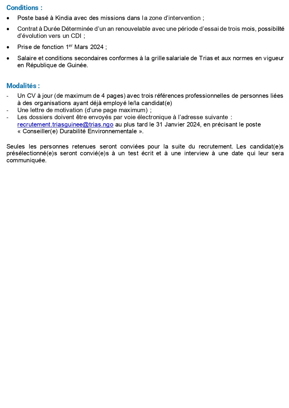 AVIS DE RECRUTEMENT D'UN(E) CONSEILLER(E) DURABILITÉ ENVIRONNEMENTALE BUREAU PAYS TRIAS GUINÉE | Page 4