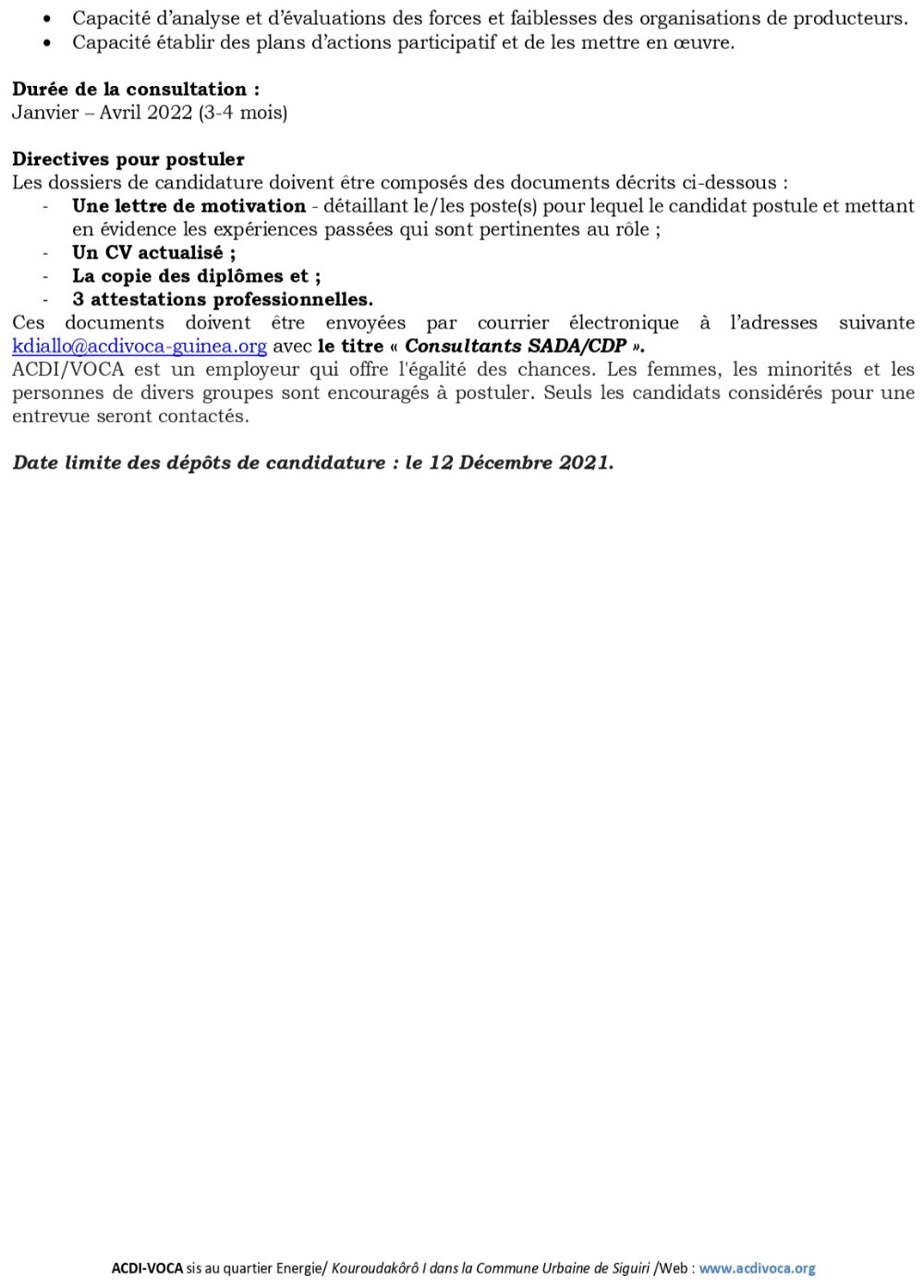 ACDI/VOCA – Avis de recrutement d’un Consultant – Expert en Développement des Coopératives Agricoles (EDCA) p2