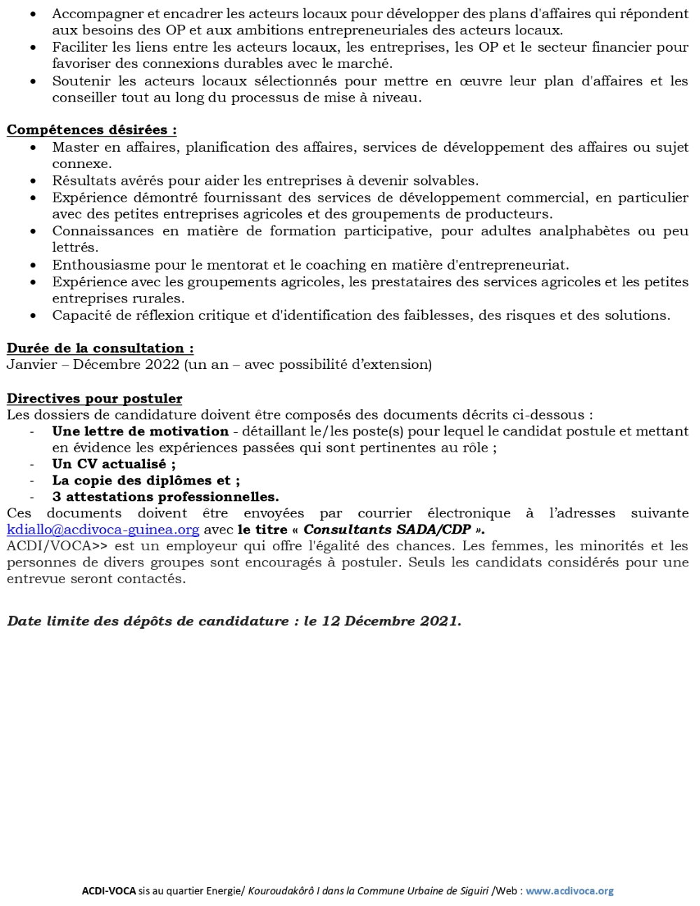 ACDI/VOCA – Avis de recrutement d’un / des Consultant(s) – Développement d’Agro-Entreprises et Facilitation de marché (DAF) p2