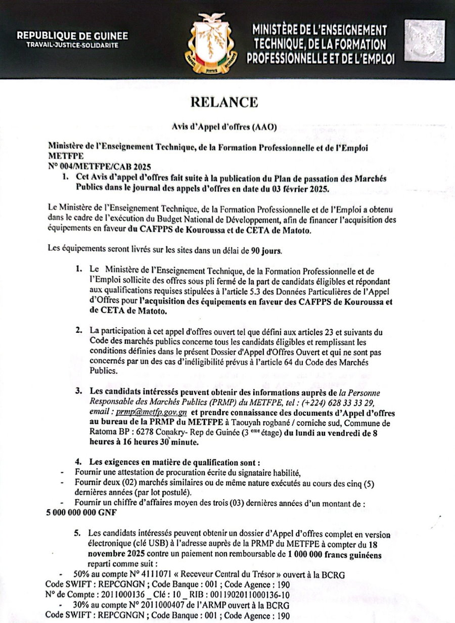 Acquisition d'équipements en faveur du CAFPPS de Kouroussa et de CETA de Matoto | Page 1