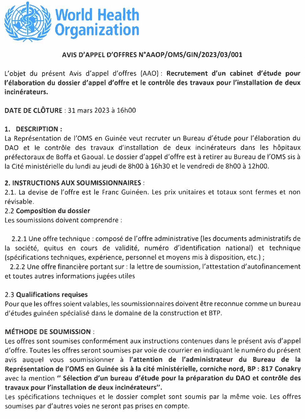 Recrutement d'un cabinet d'étude pour l'élaboration du dossier d'appel d'offre et le contrôle des travaux pour l'installation de deux incinérateurs