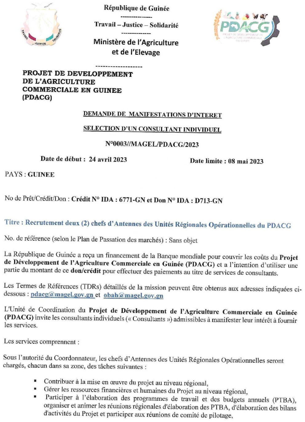 Demande de manifestation d'intérêt pour le Recrutement deux (2) chefs d’Antennes des Unités Régionales Opérationnelles du PDACG | Page 1