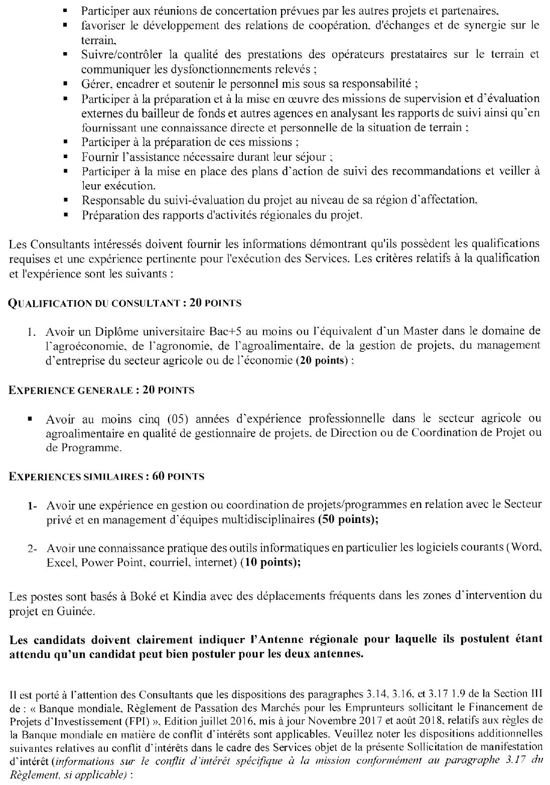 Demande de manifestation d'intérêt pour le Recrutement deux (2) chefs d’Antennes des Unités Régionales Opérationnelles du PDACG | Page 2