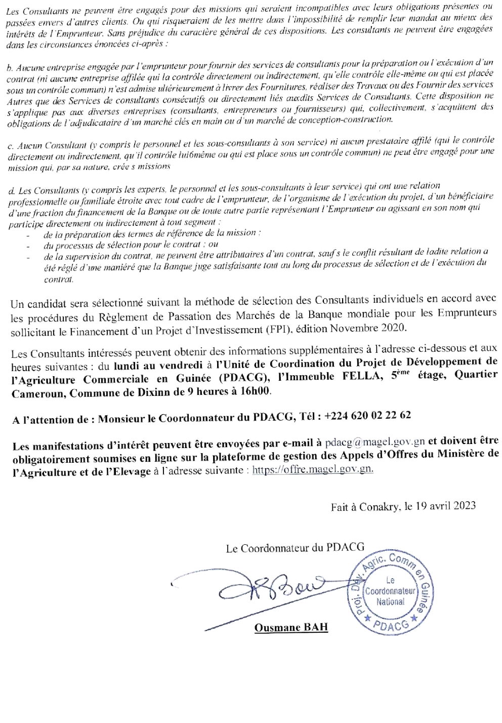 Demande de manifestation d'intérêt pour le Recrutement deux (2) chefs d’Antennes des Unités Régionales Opérationnelles du PDACG | Page 3