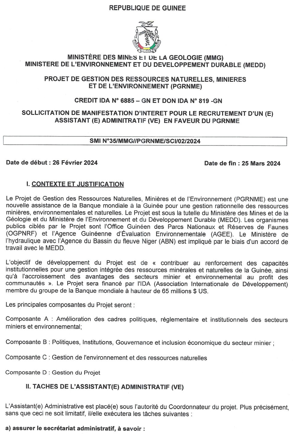Sollicitation De Manifestation D’intérêt Pour Le Recrutement D’un (E) Assistant (E) Administratif (Ve) En Faveur Du PGRNME | Page 1