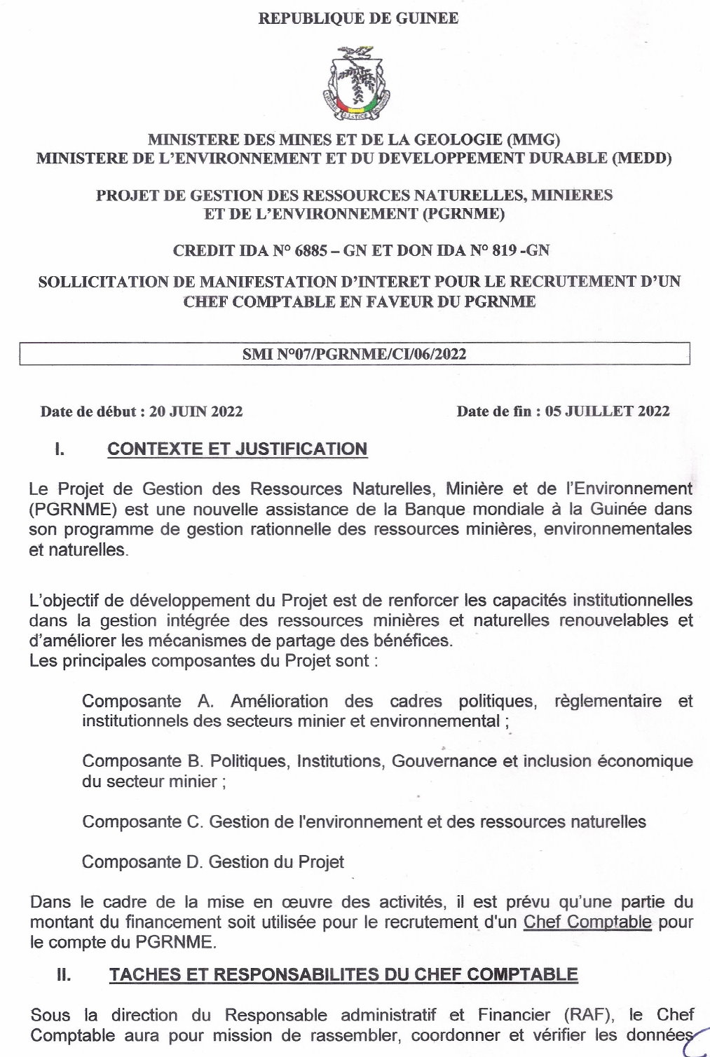 SOLLICITATION DE MANIFESTATION D'INTERET POUR LE RECRUTEMENT D'UN CHEF COMPTABLE EN FAVEUR DU PGRNME | PAGE 1