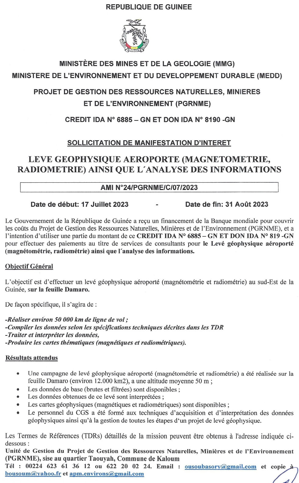 Sollicitation De Manifestation D’intérêt : Levé Géophysique Aéroporté (Magnétométrie, Radiométrie) Ainsi Que L´Analyse Des Informations | Page 1
