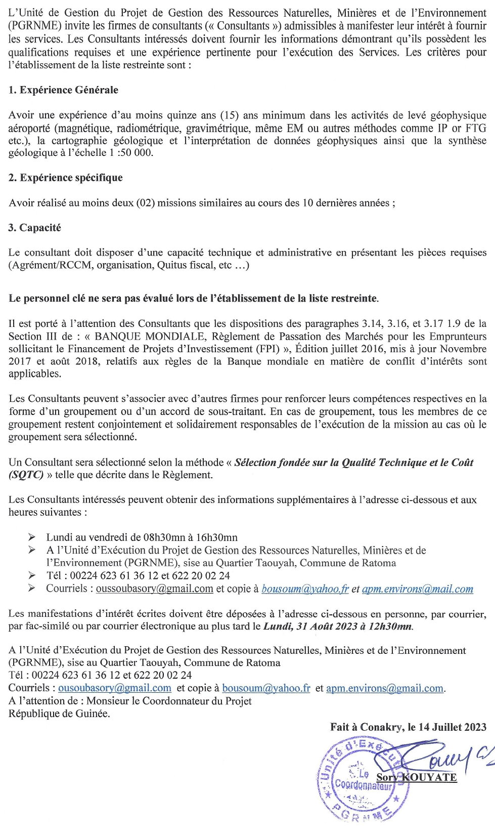 Sollicitation De Manifestation D’intérêt : Levé Géophysique Aéroporté (Magnétométrie, Radiométrie) Ainsi Que L´Analyse Des Informations | Page 