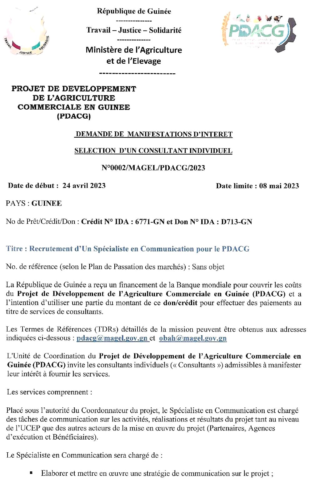 Demande de manifestation d'intérêt pour le Recrutement d’Un Spécialiste en Communication pour le PDACG | Page 1