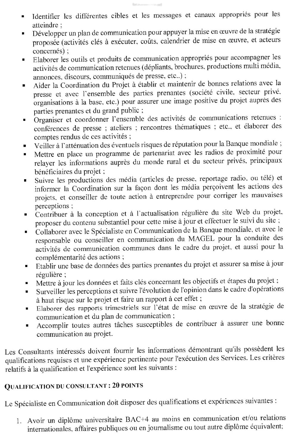 Demande de manifestation d'intérêt pour le Recrutement d’Un Spécialiste en Communication pour le PDACG | Page 2