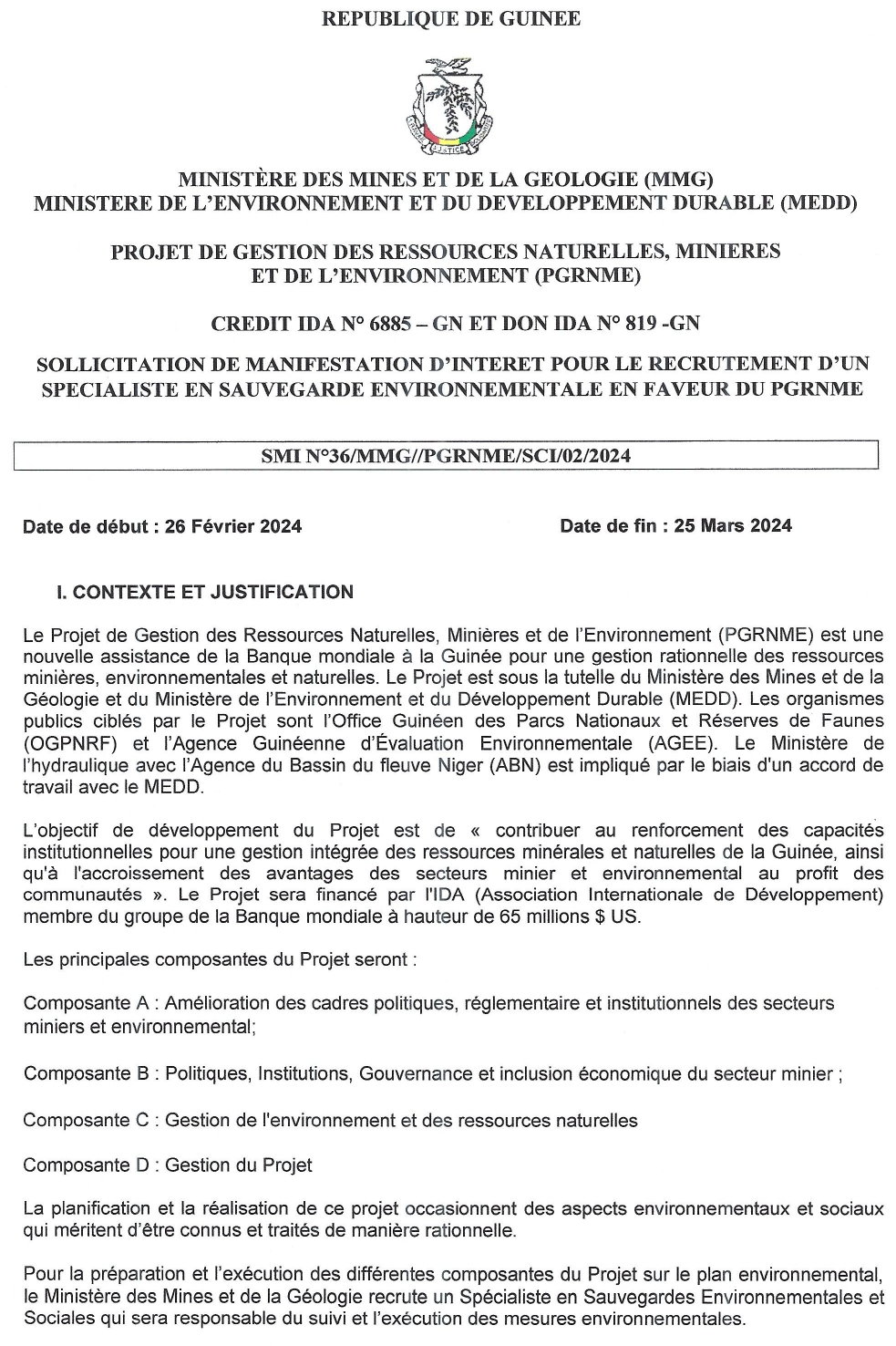 Sollicitation De Manifestation D’intérêt Pour Le Recrutement D’un Spécialiste En Sauvegarde Environnementale En Faveur Du PGRNME | Page 1