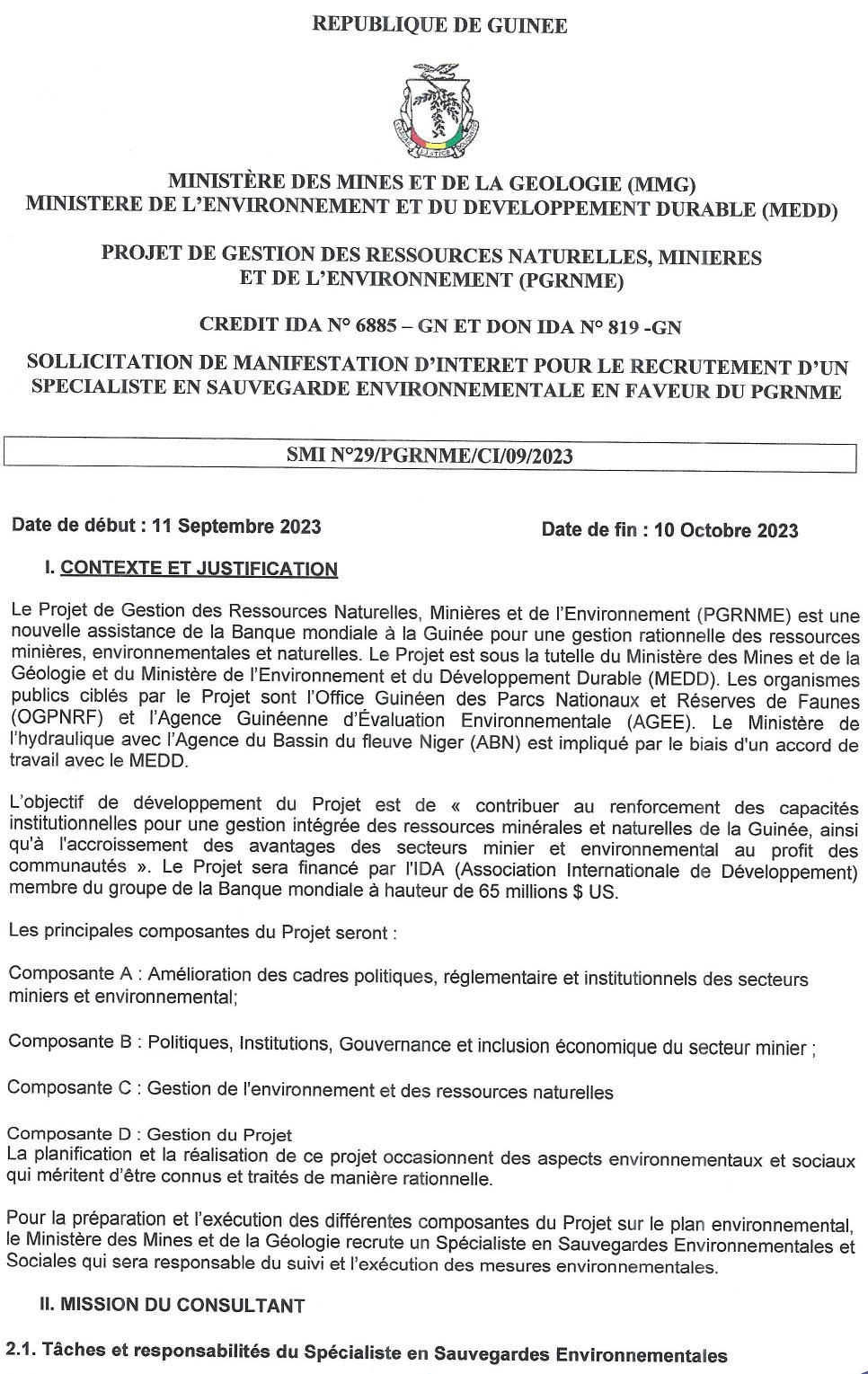Sollicitation De Manifestation D'intérêt Pour Le Recrutement D'un Spécialiste En Sauvegarde Environnementale En Faveur Du | Page 1